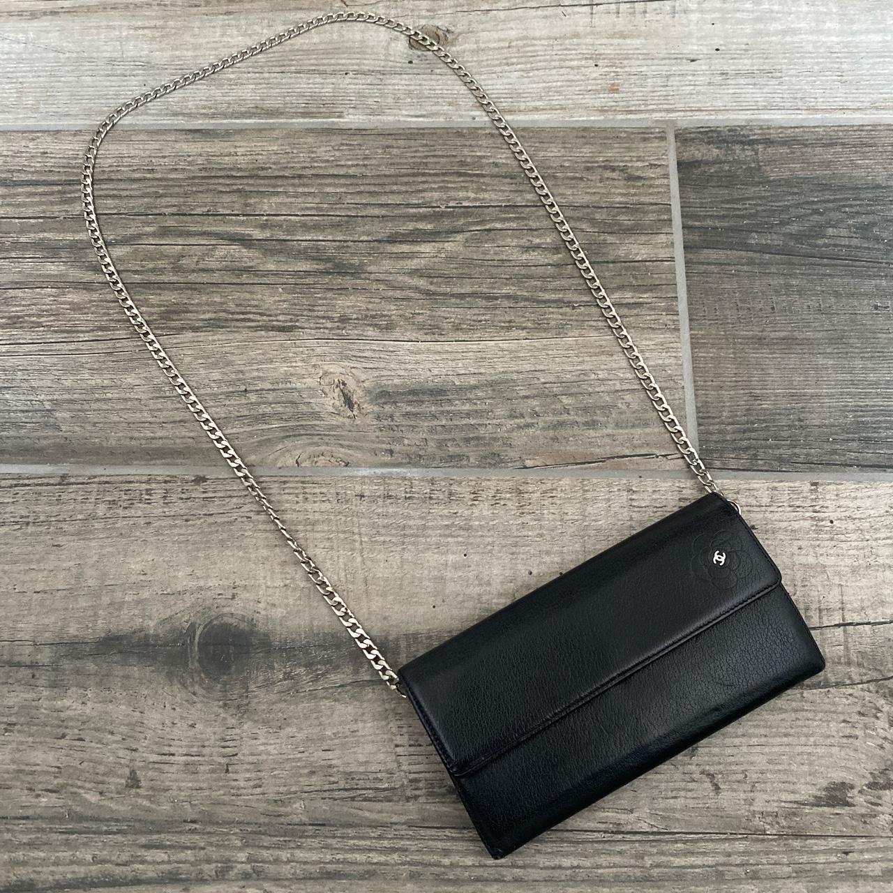 Authentic Vintage Chanel Camellia Black Lambskin Leather Long Fold-over Chain Wallet