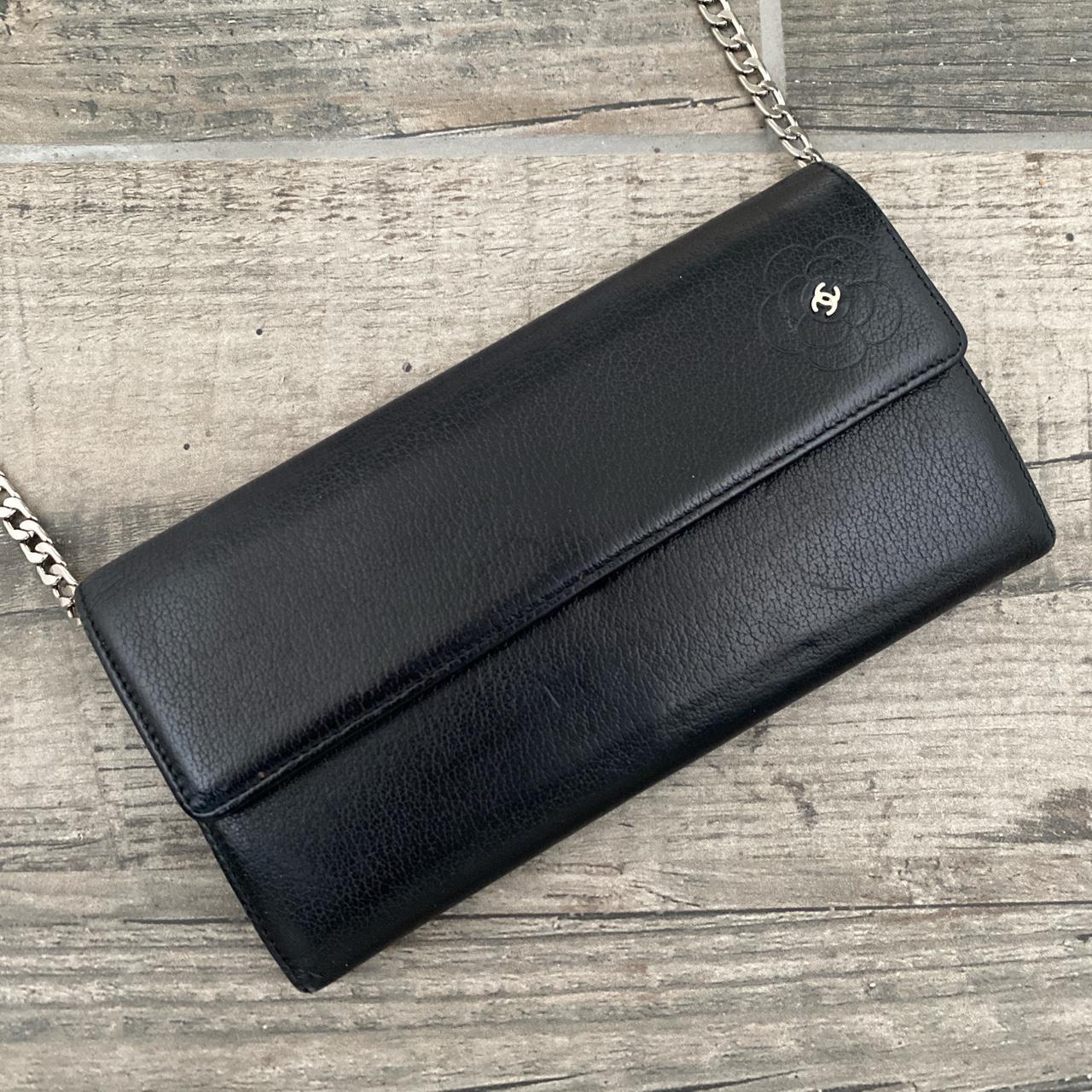 Authentic Vintage Chanel Camellia Black Lambskin Leather Long Fold-over Chain Wallet